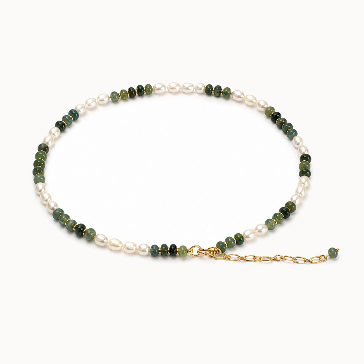 Gold-Tone Green and White Beaded Necklace | Pimosfer