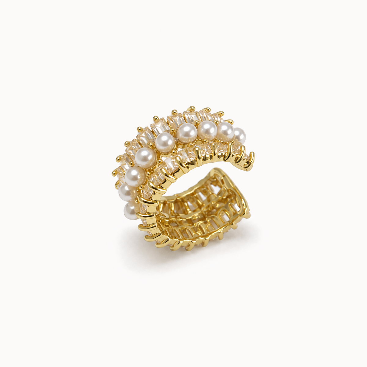 Gold-Tone White Bead Multi-Row Ear Cuff | Pimosfer