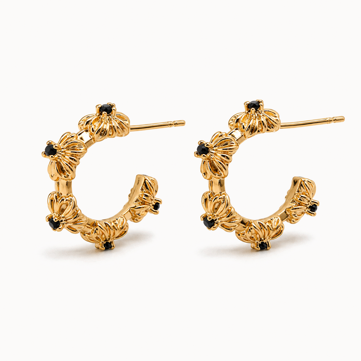 Gold-Tone Black Floral Hoop Earrings | Pimosfer - image 1