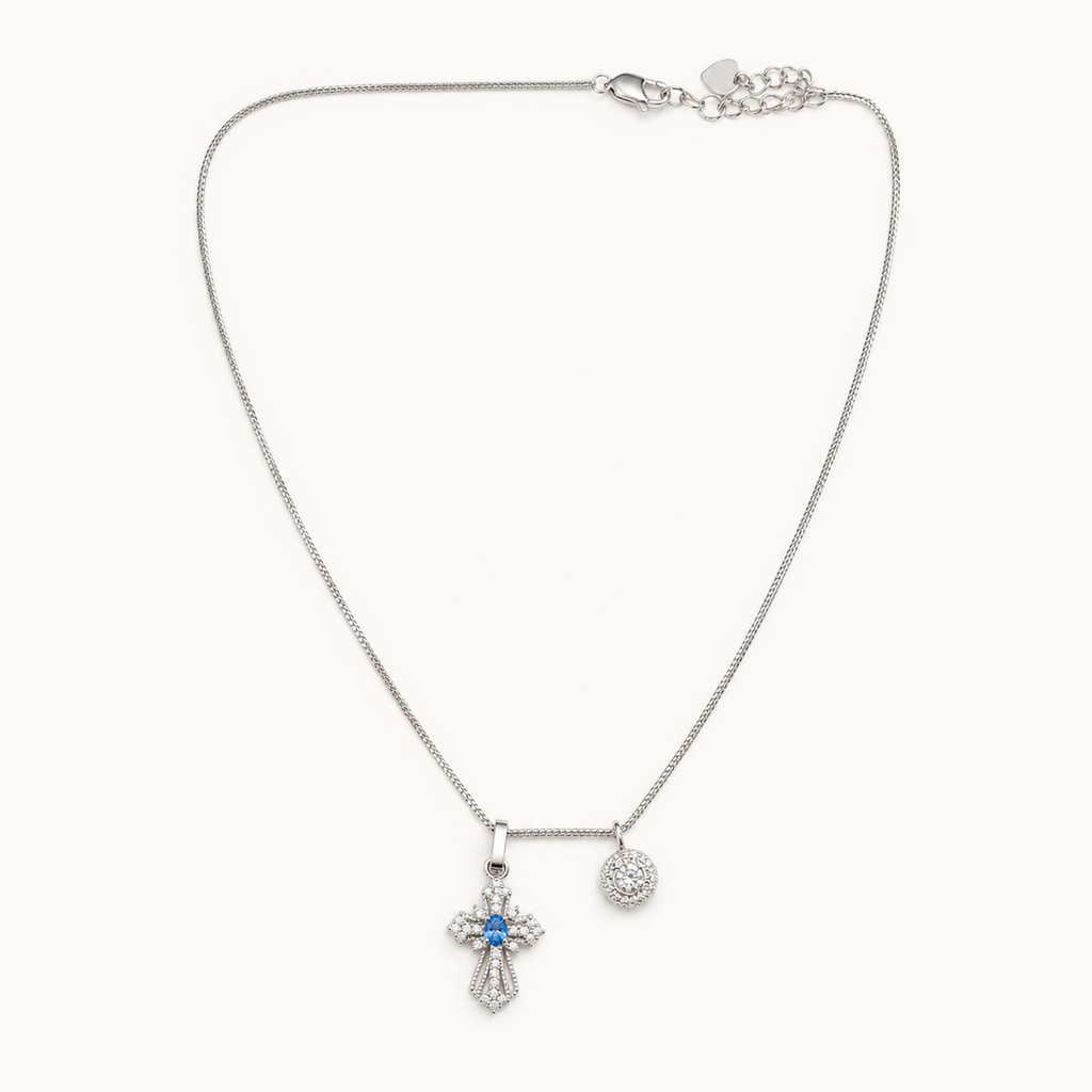 Silver-Tone Blue Cross Layered Charm Necklace | Pimosfer - image 1