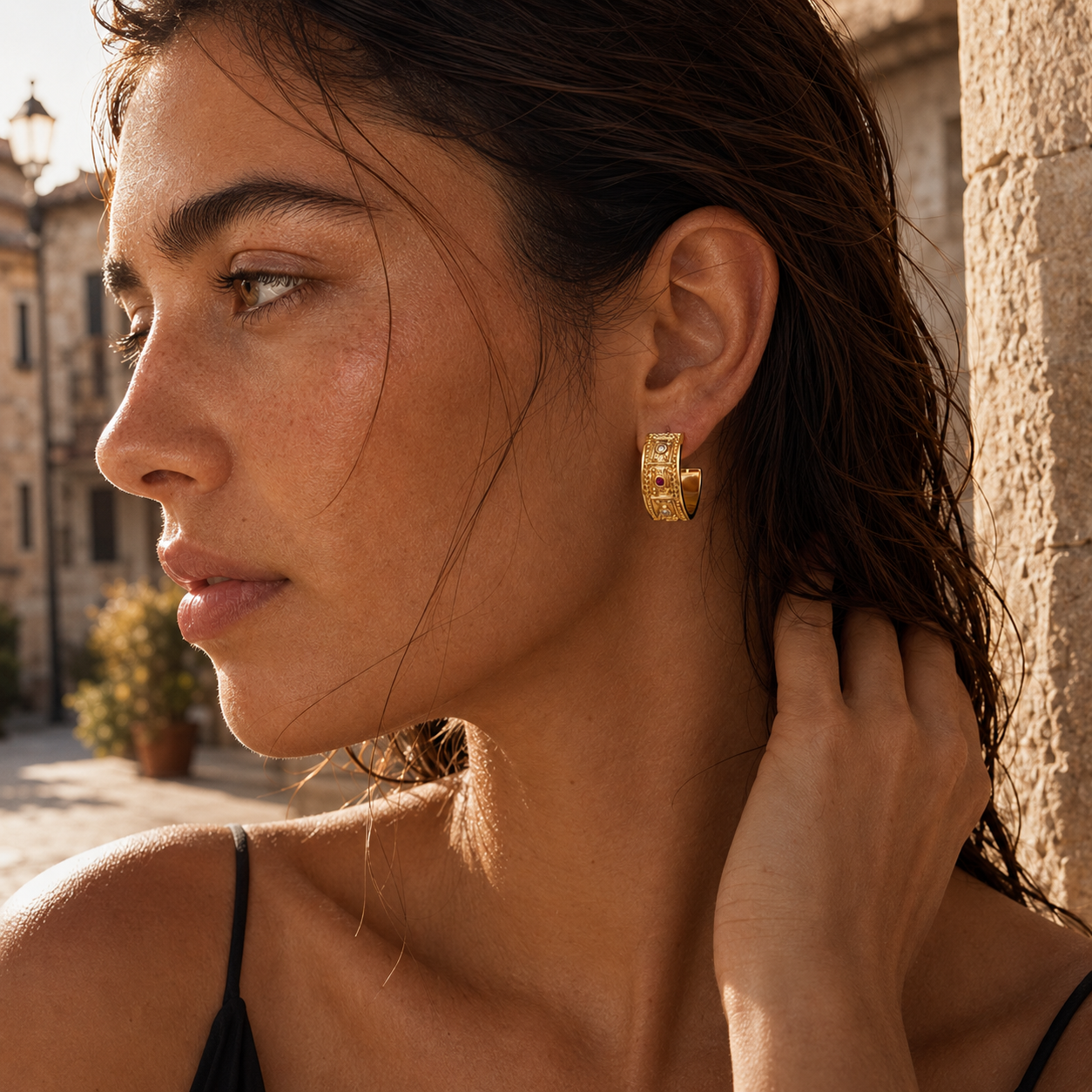 Gold-Tone Ornate Geometric Hoop Earrings | Pimosfer