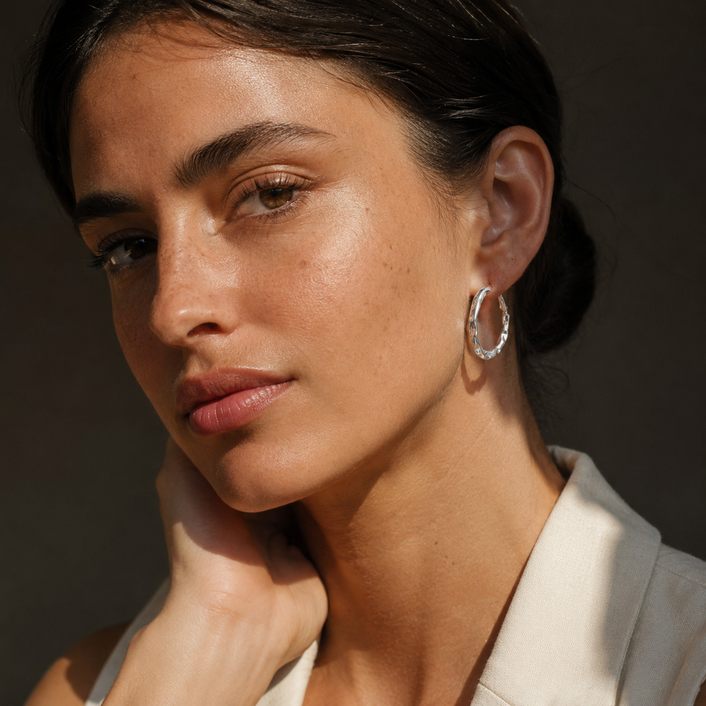 Silver-Tone Textured Organic Hoop Earrings | Pimosfer - image 2