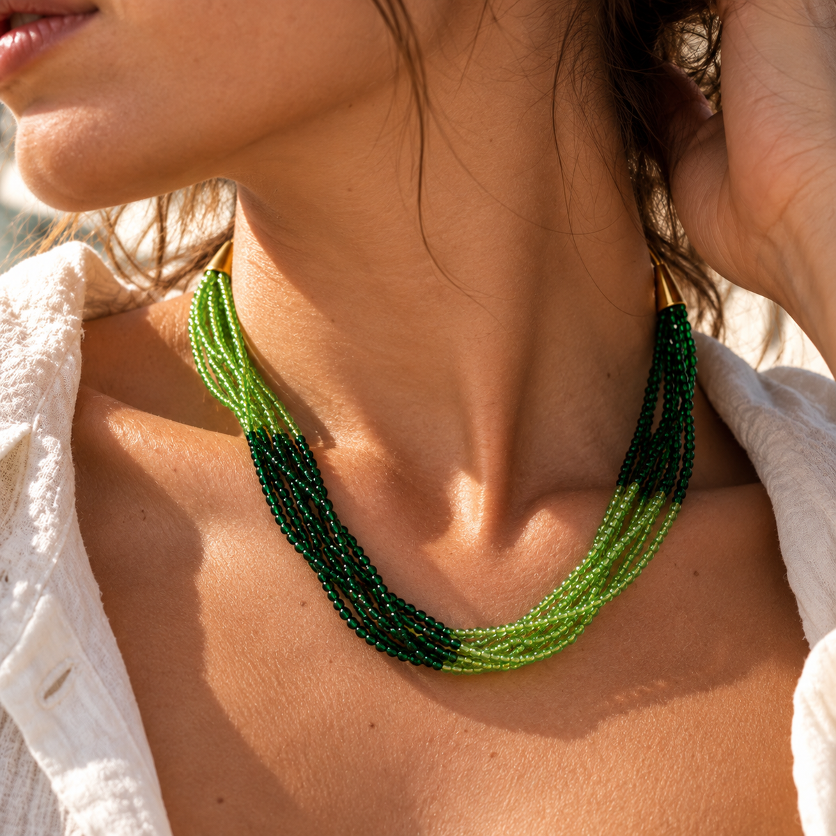 Gold-Tone Green Multi-Strand Seed Bead Necklace | Pimosfer - image 2