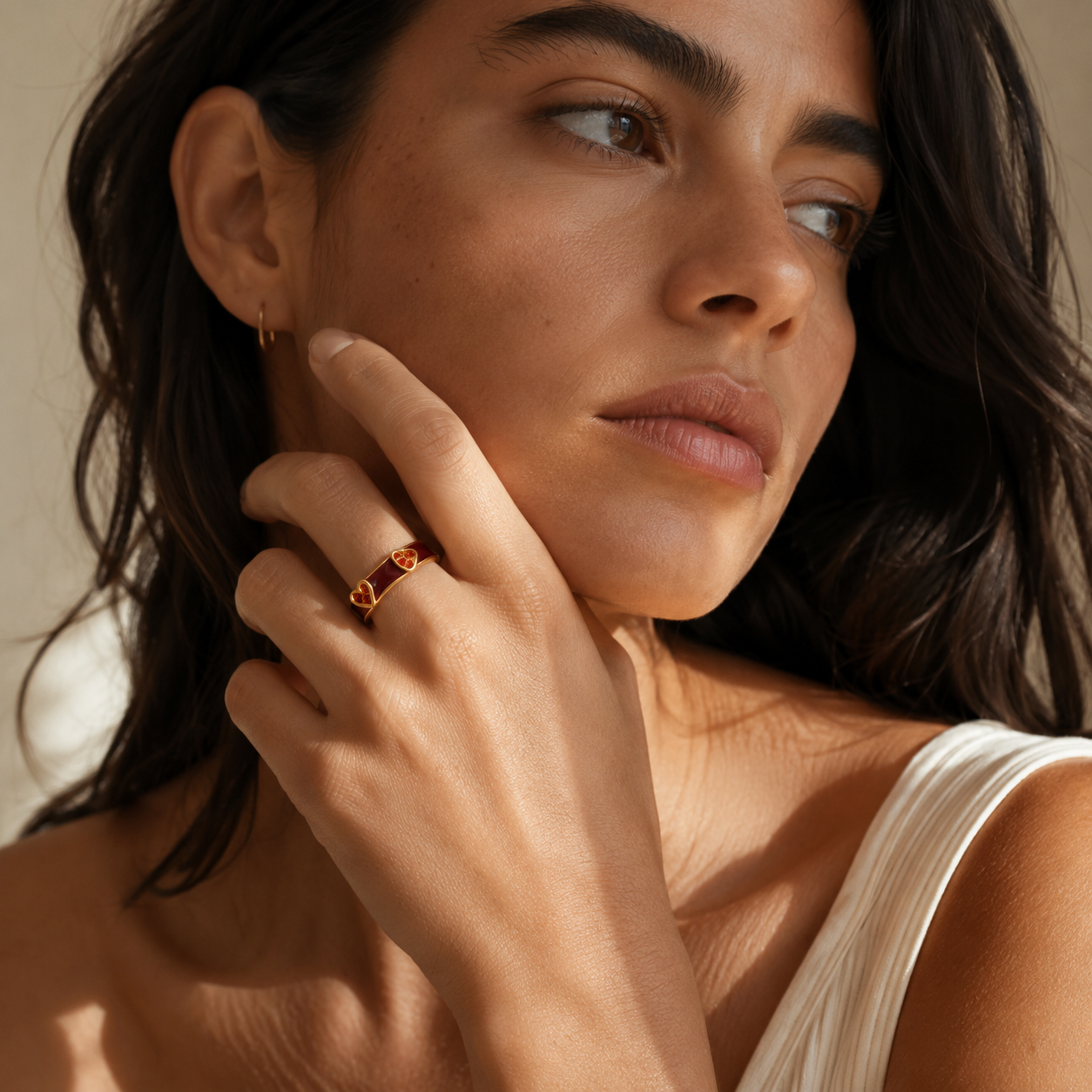 Gold-Tone Red Heart Open Band Ring | Pimosfer