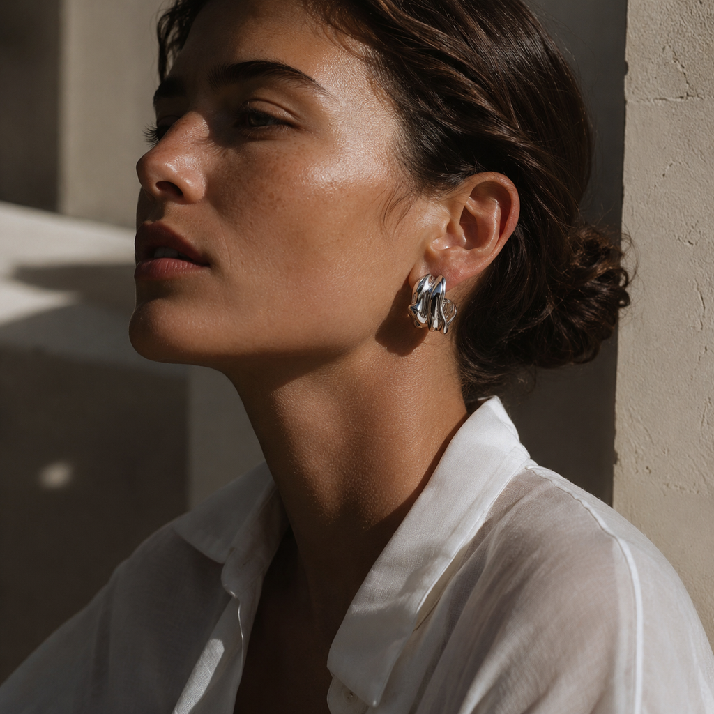 Silver-Tone Sculptural Folded Hoop Earrings | Pimosfer - image 4