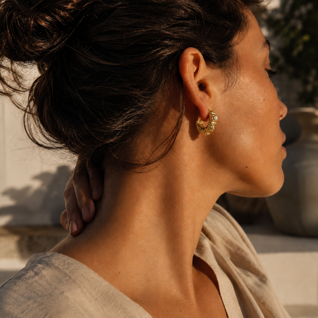 Gold-Tone Pearl Ornate Stud Earrings | Pimosfer - image 3