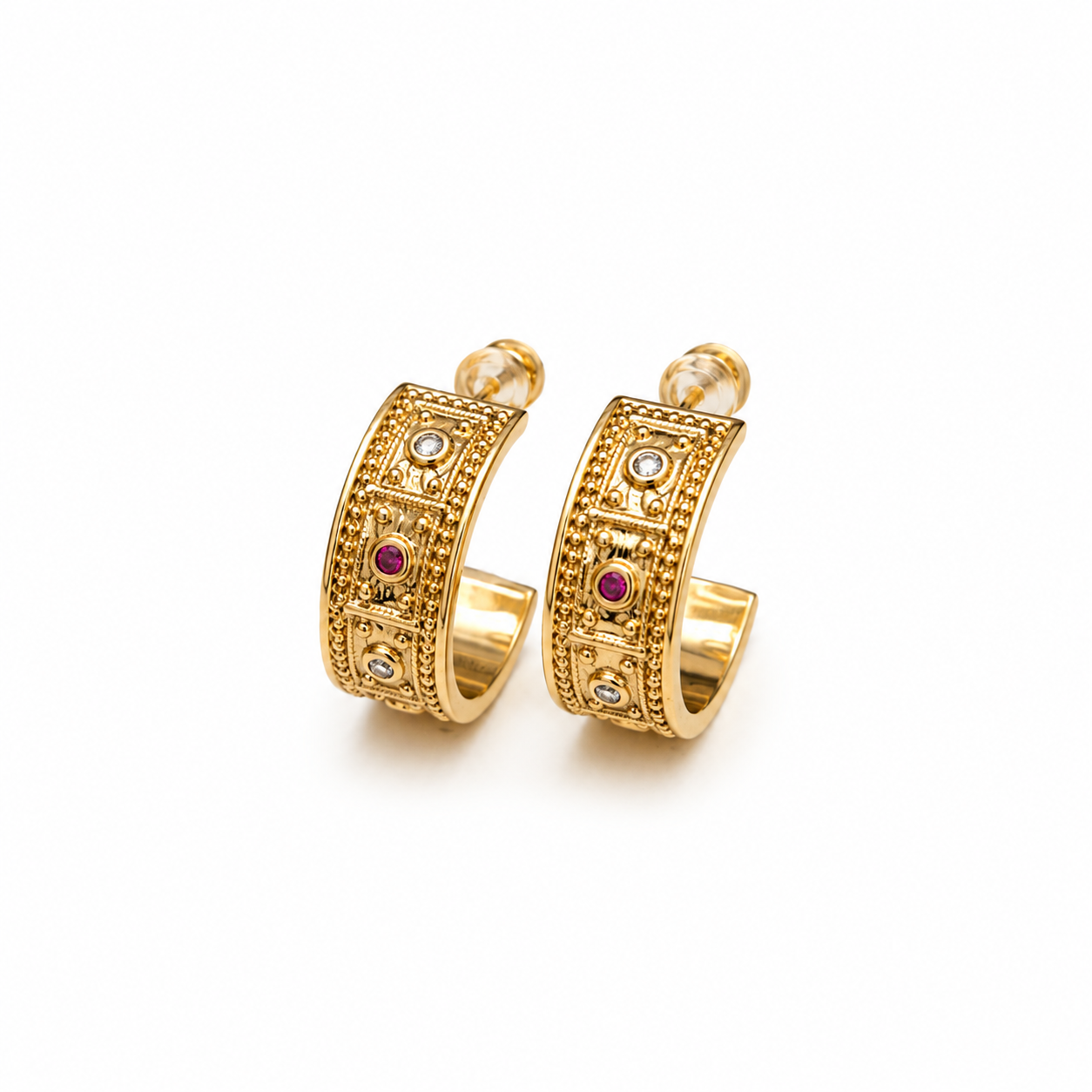 Gold-Tone Ornate Geometric Hoop Earrings | Pimosfer