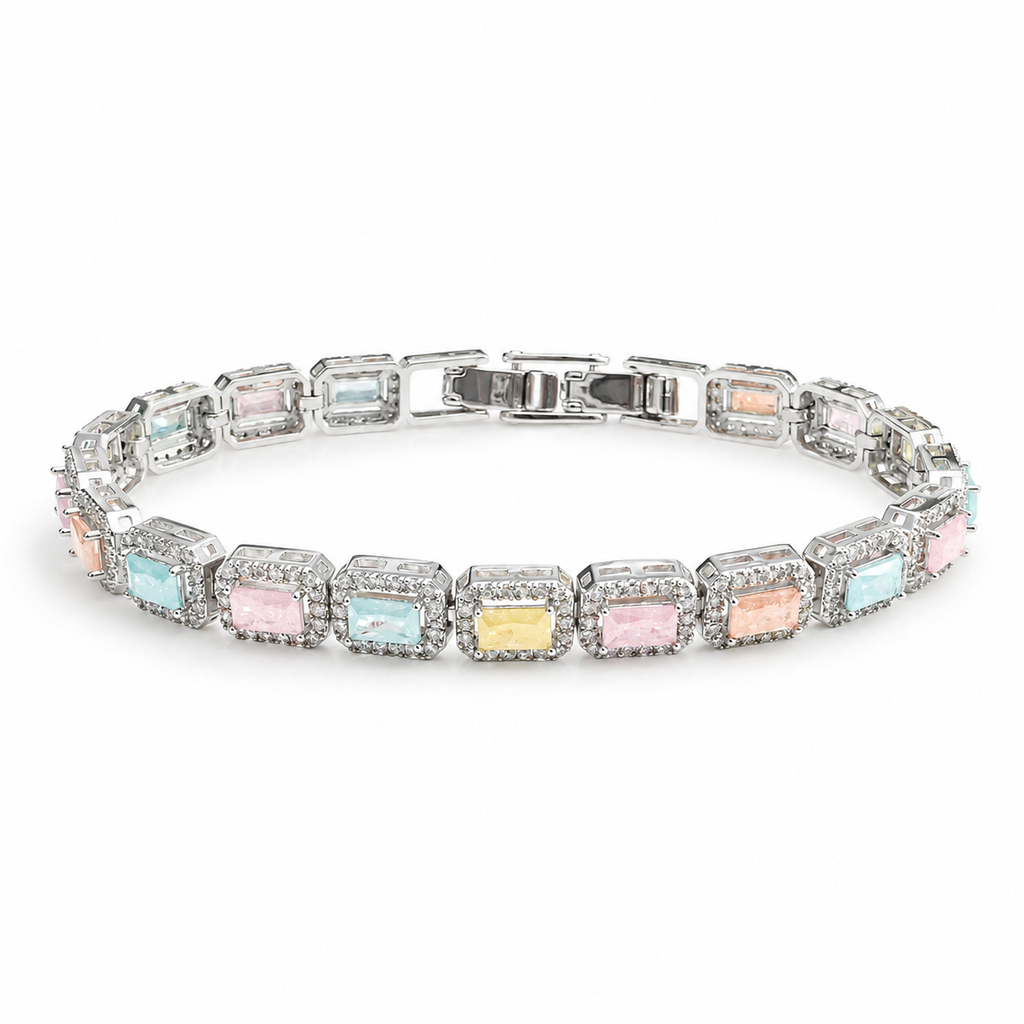 Silver-Tone Multicolor Rectangular Tennis Bracelet | Pimosfer