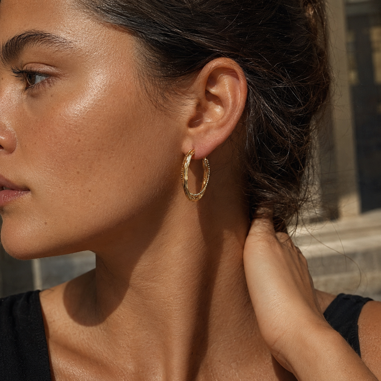 Gold-Tone Textured Oval Hoop Earrings | Pimosfer - image 3