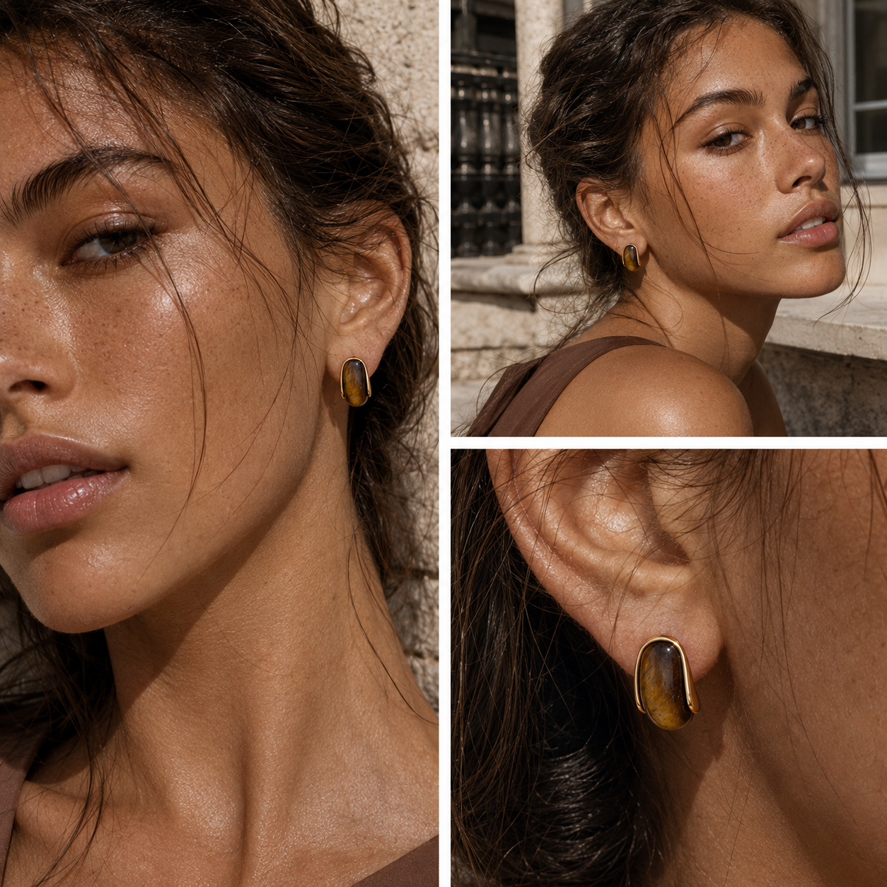 Gold-Tone Elongated Brown Bead Stud Earrings | Pimosfer