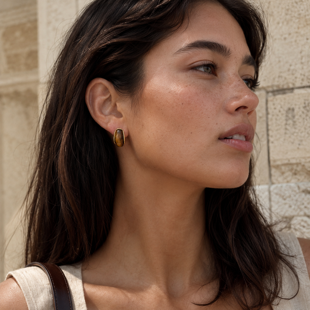Gold-Tone Elongated Brown Bead Stud Earrings | Pimosfer