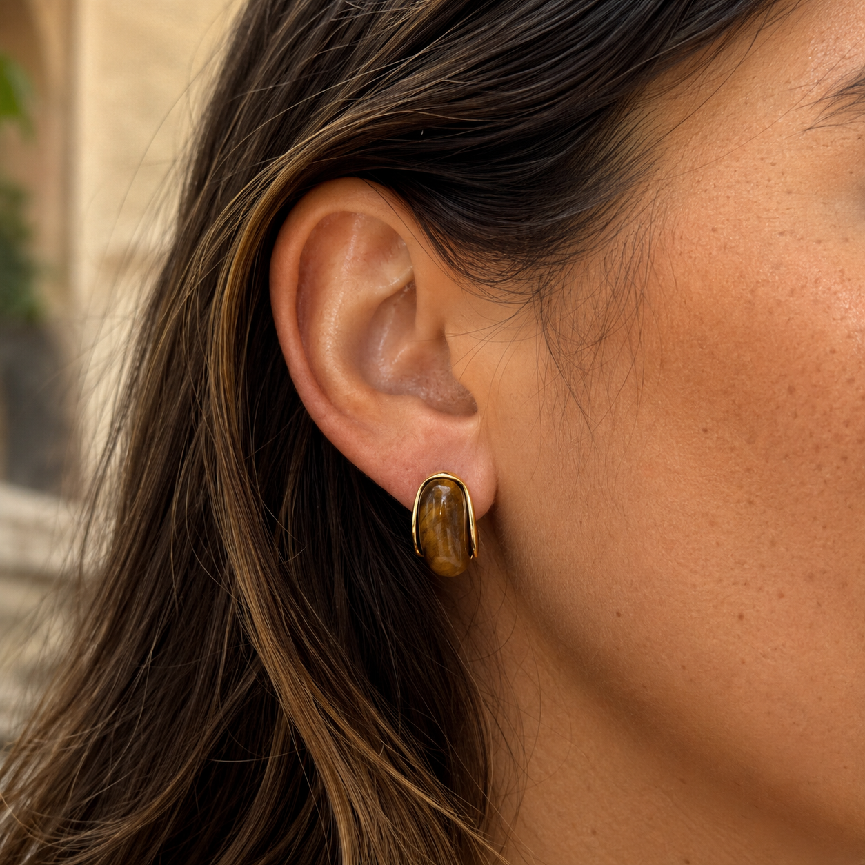 Gold-Tone Elongated Brown Bead Stud Earrings | Pimosfer