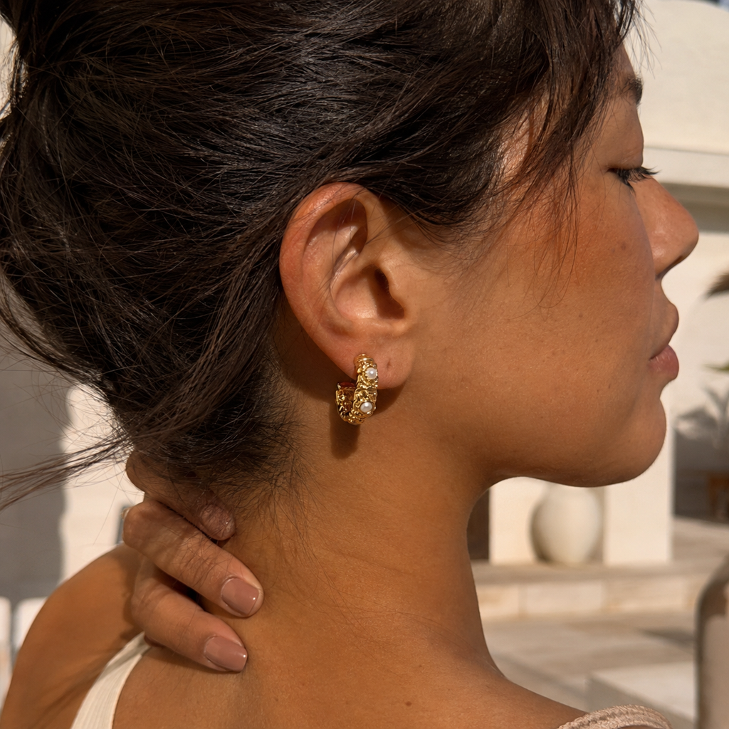Gold-Tone Pearl Ornate Stud Earrings | Pimosfer - image 2