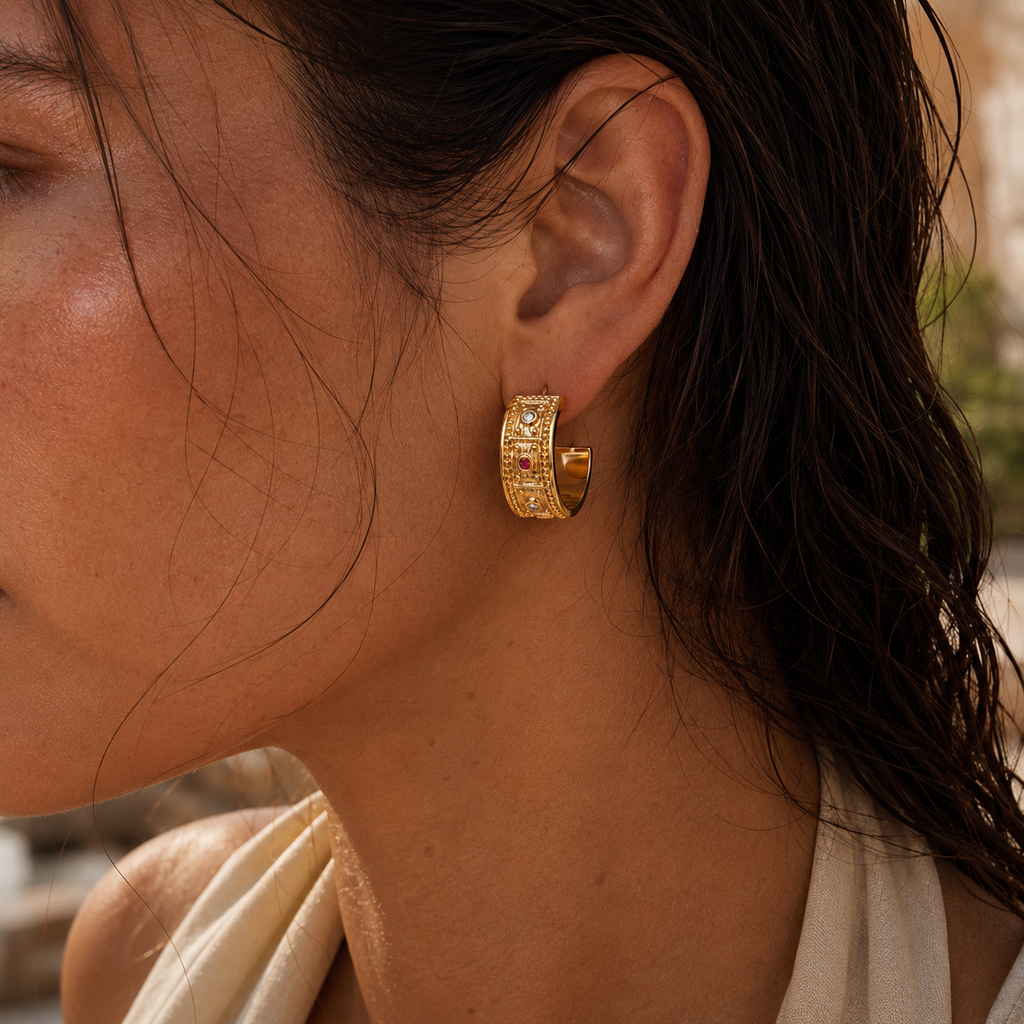 Gold-Tone Ornate Geometric Hoop Earrings | Pimosfer