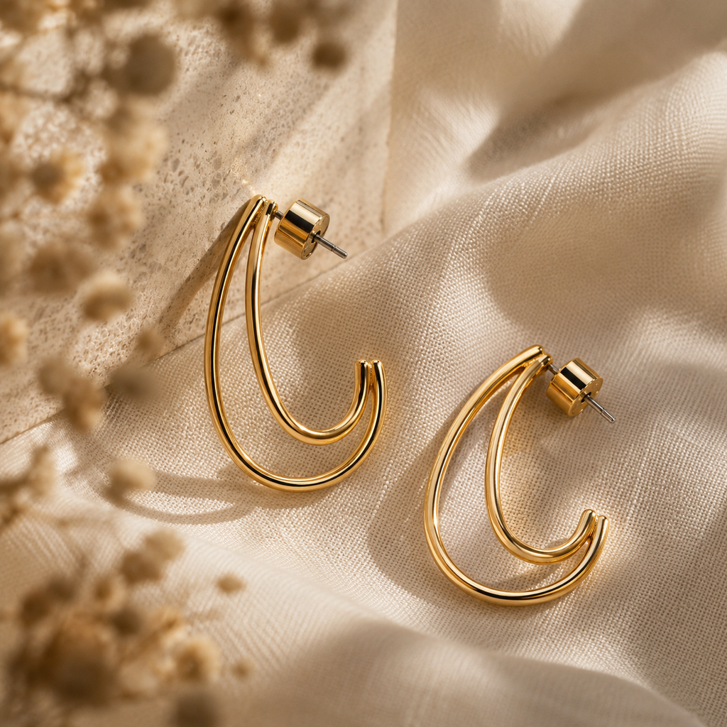 Gold-Tone Elongated Double-Line Hoop Earrings | Pimosfer - image 2