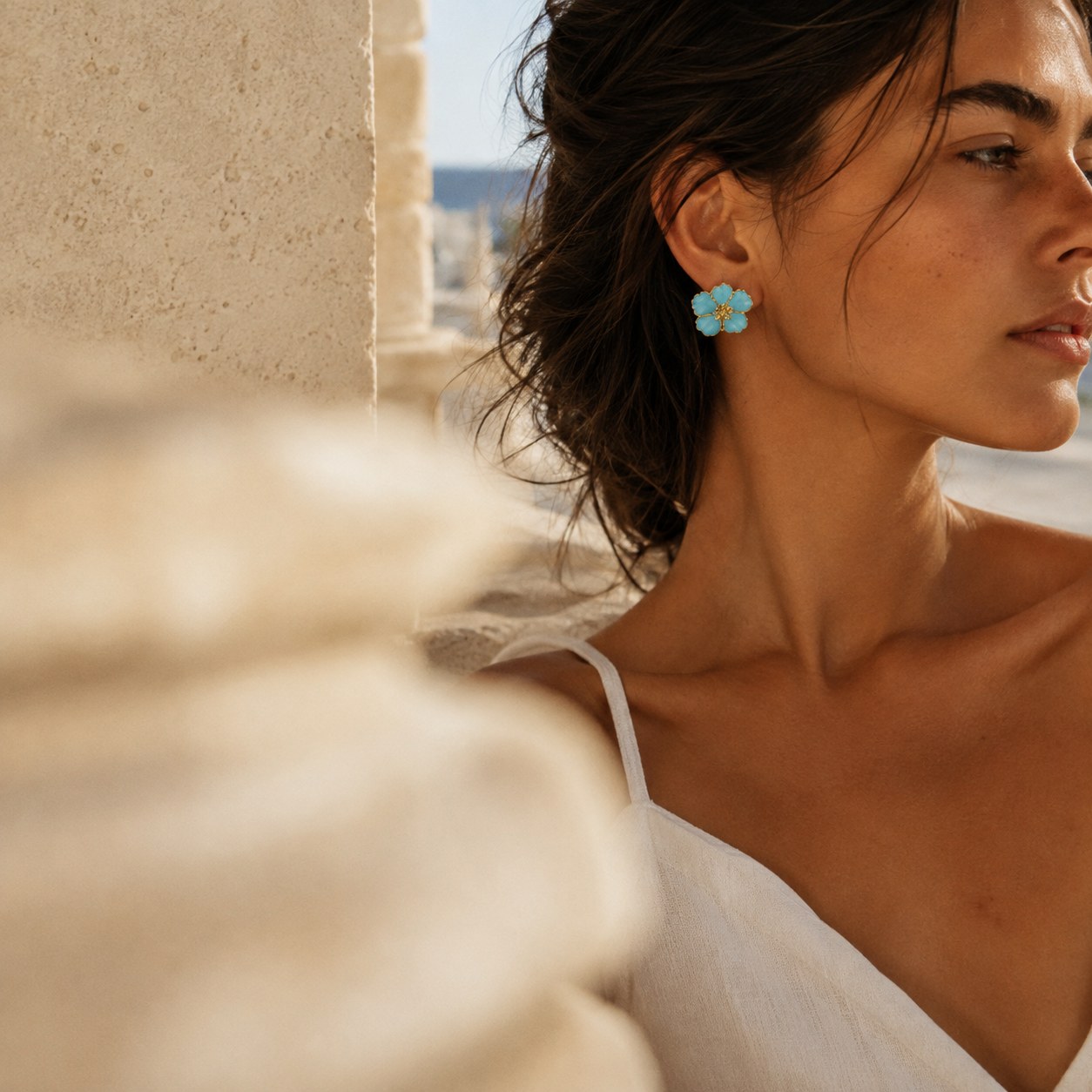 Gold-Tone Blue Floral Stud Earrings | Pimosfer