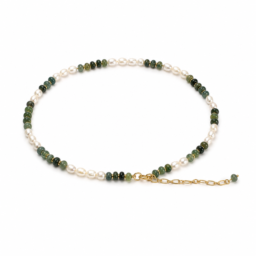 Gold-Tone Green and White Beaded Necklace | Pimosfer