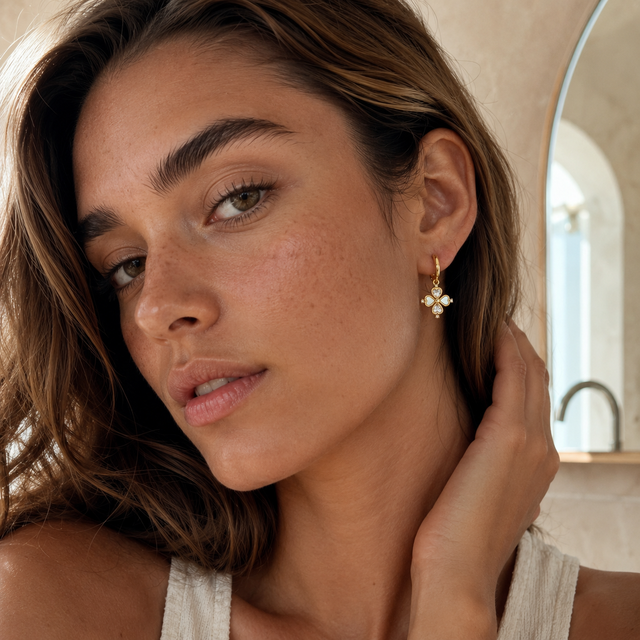 Gold-Tone Clover Drop Hoop Earrings | Pimosfer