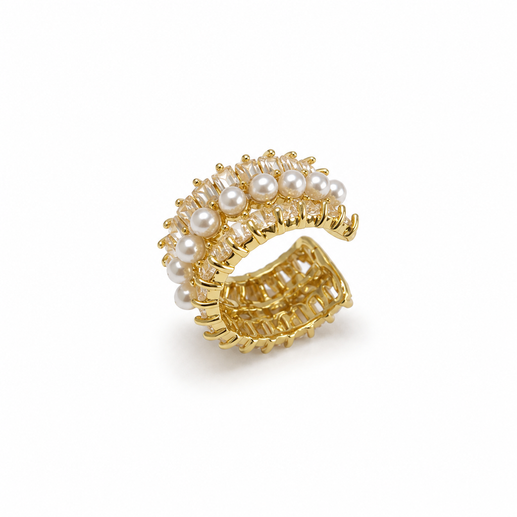 Gold-Tone White Bead Multi-Row Ear Cuff | Pimosfer