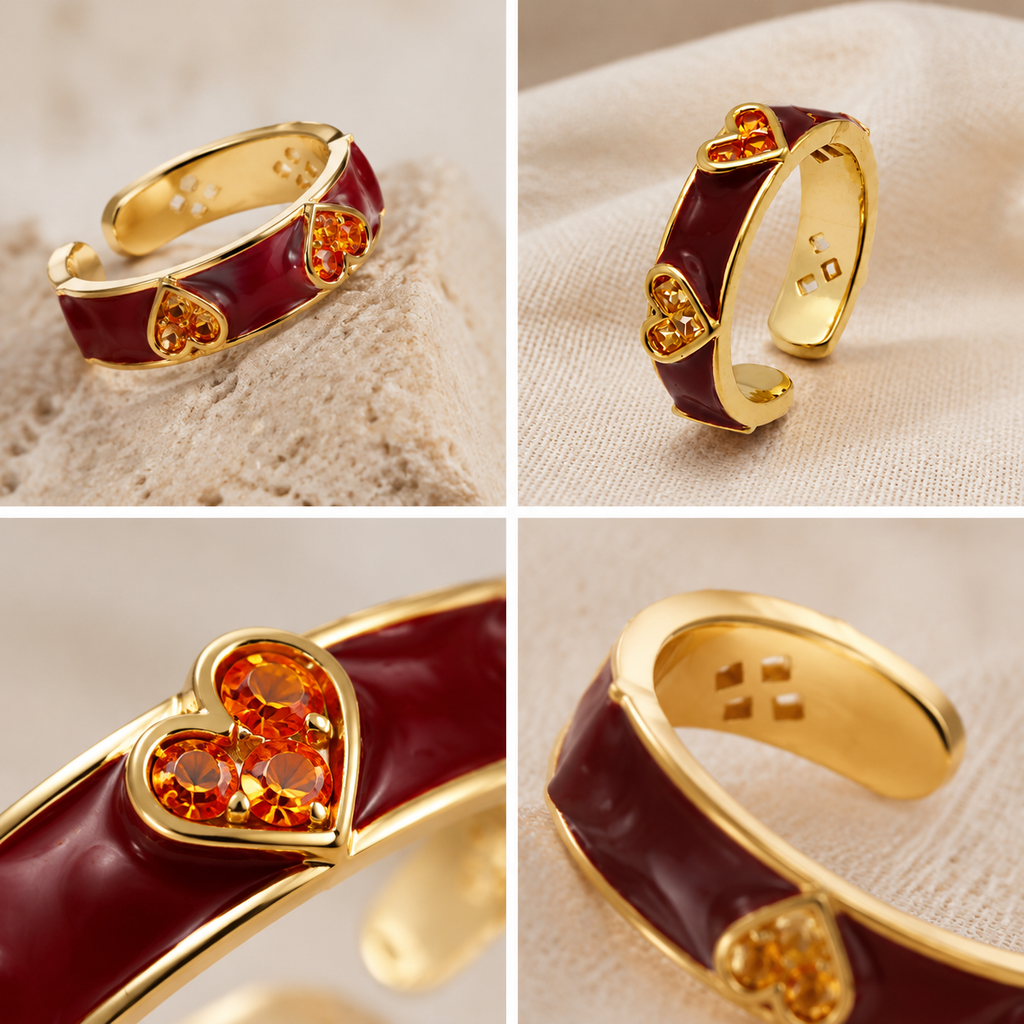 Gold-Tone Red Heart Open Band Ring | Pimosfer
