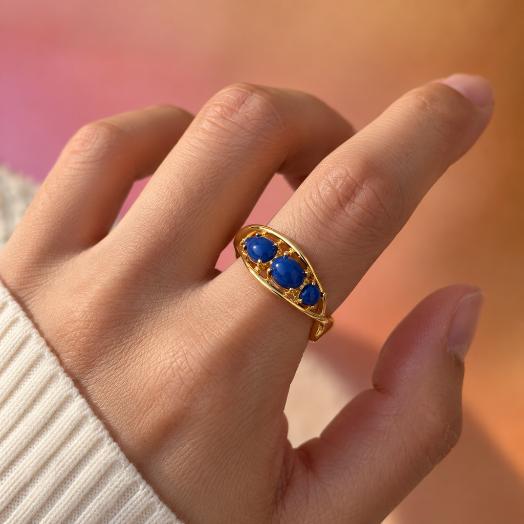 Gold-Tone Blue Crystal Open Ring | Pimosfer - image 3