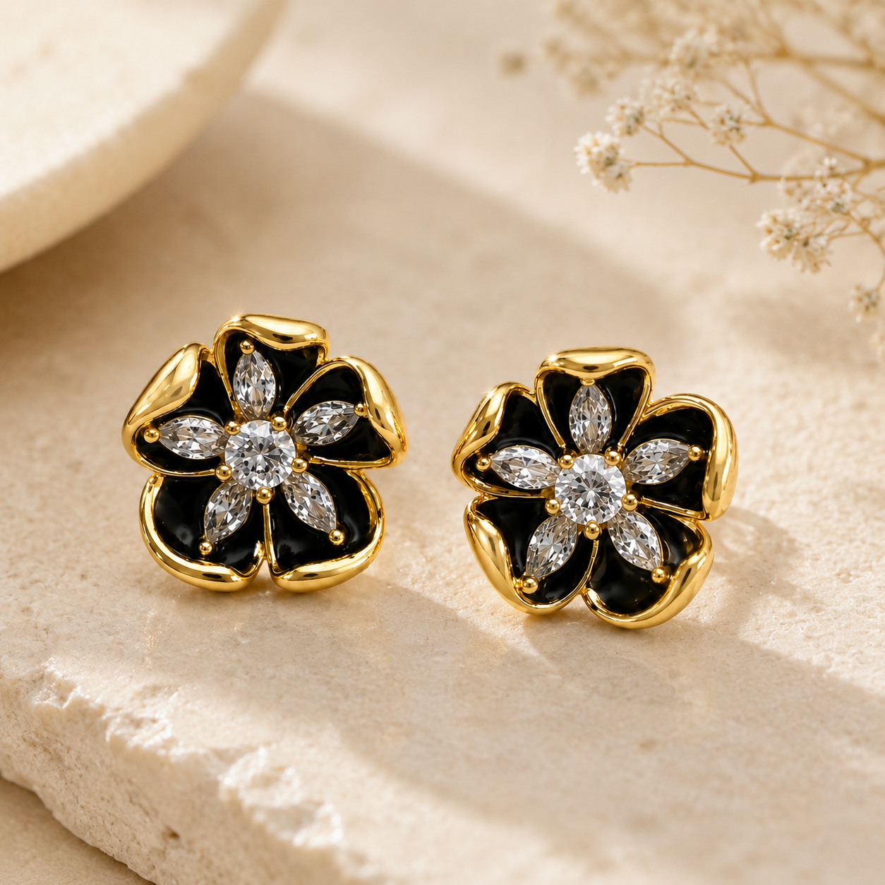 Gold-Tone Black Floral Stud Earrings | Pimosfer