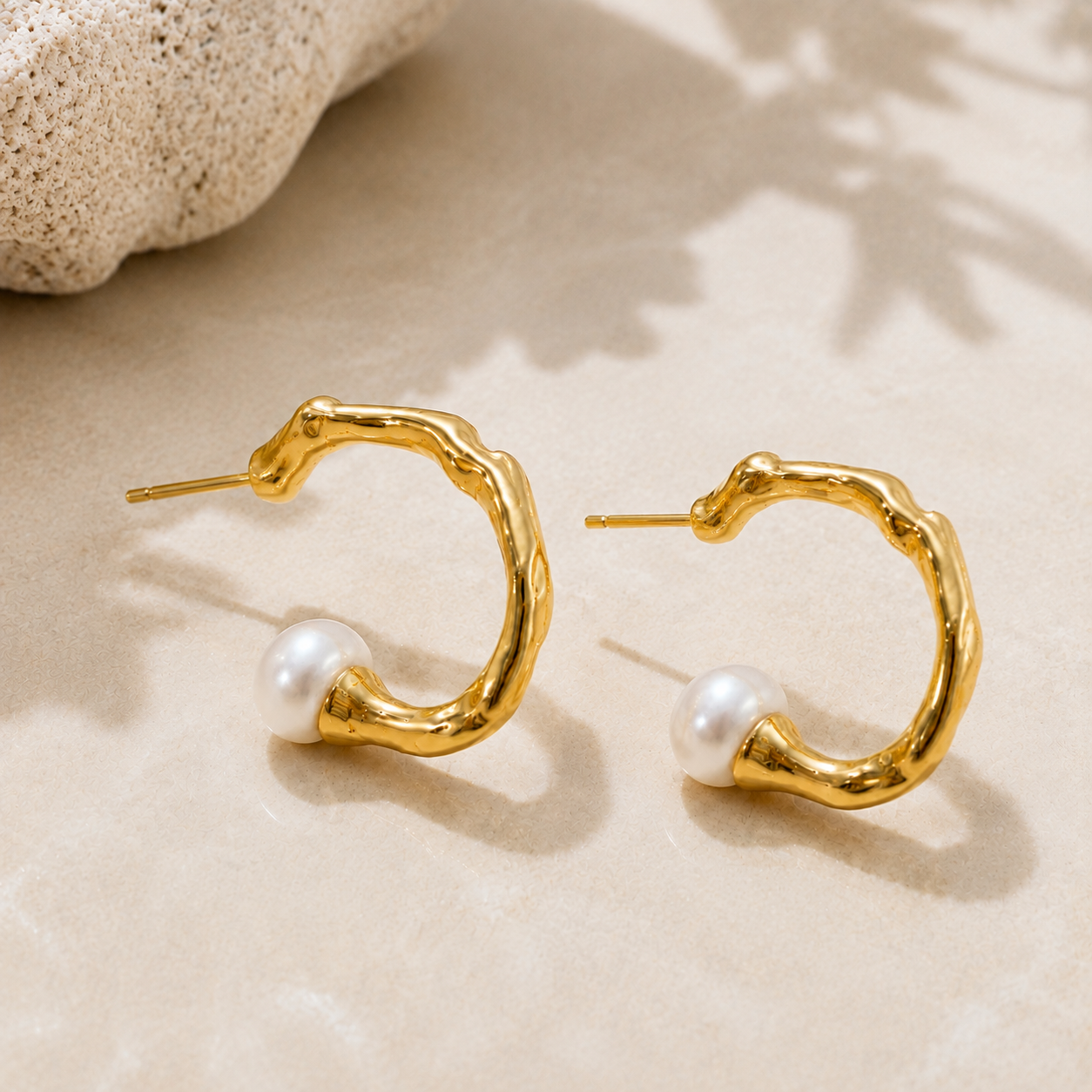Gold-Tone Sculptural White Bead Hoop Earrings | Pimosfer