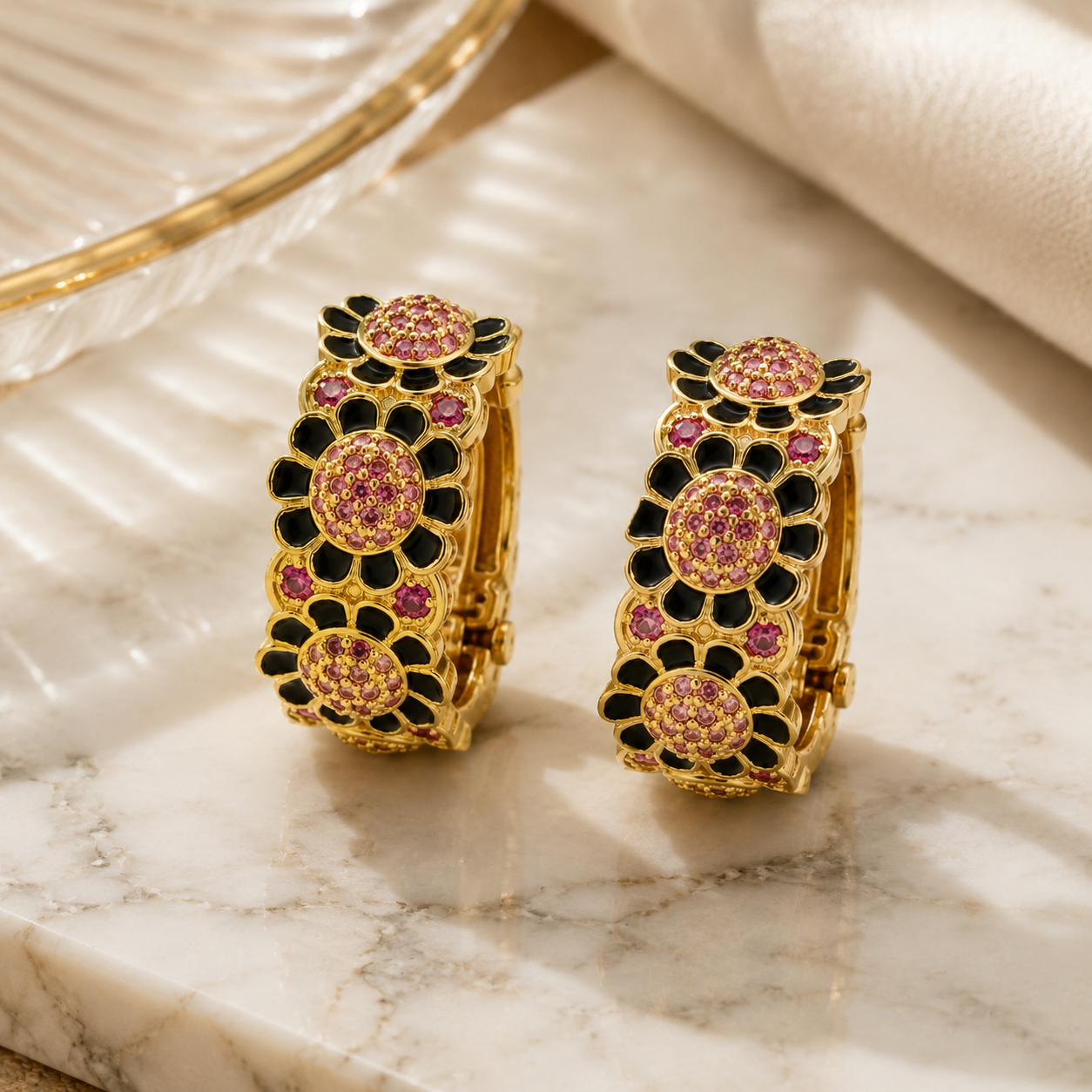 Gold-Tone Multicolor Floral Hoop Earrings | Pimosfer
