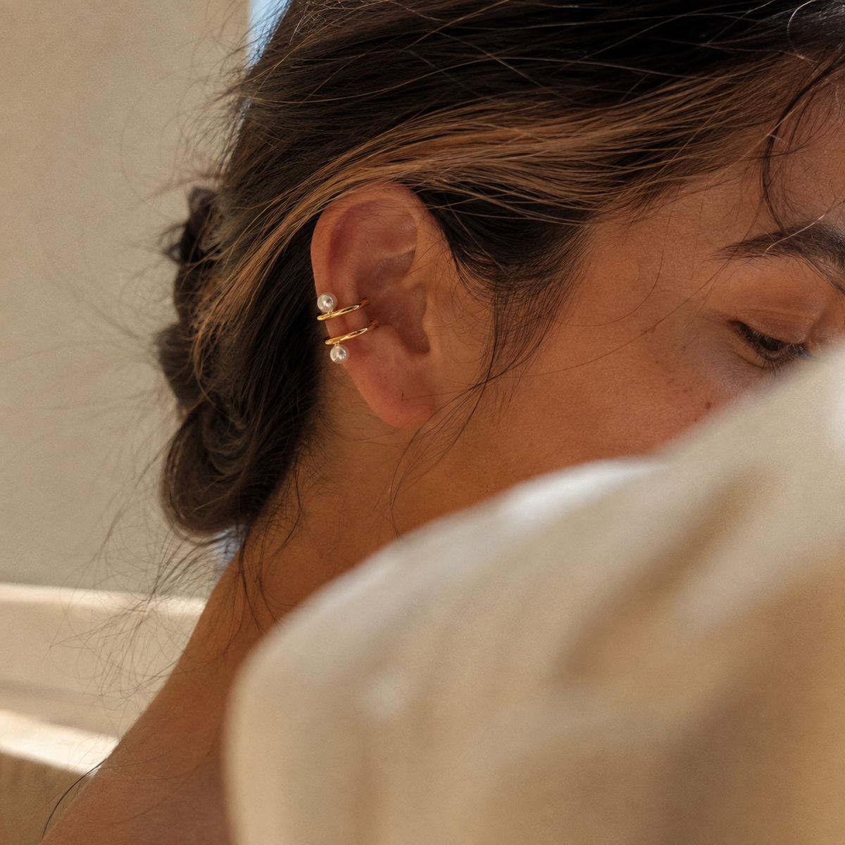 Gold-Tone Pearl Double-Band Ear Cuff | Pimosfer - image 4