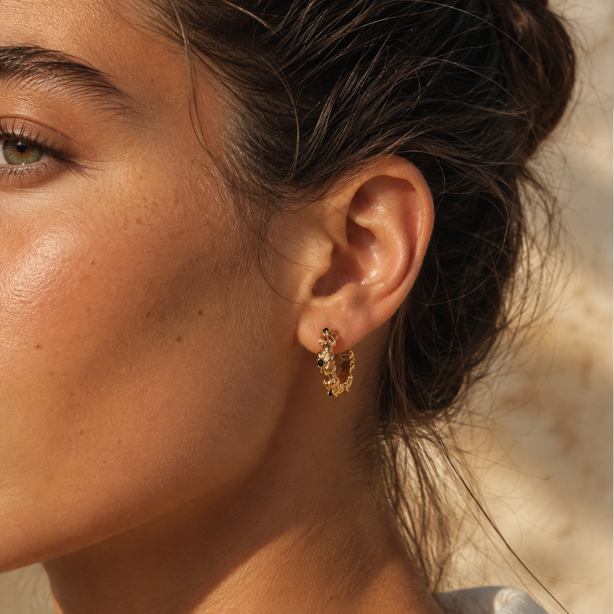 Gold-Tone Black Floral Hoop Earrings | Pimosfer - image 2