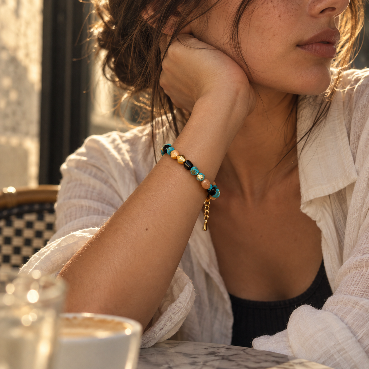 Gold-Tone Aqua and Black Natural Stone Beaded Bracelet | Pimosfer - image 2