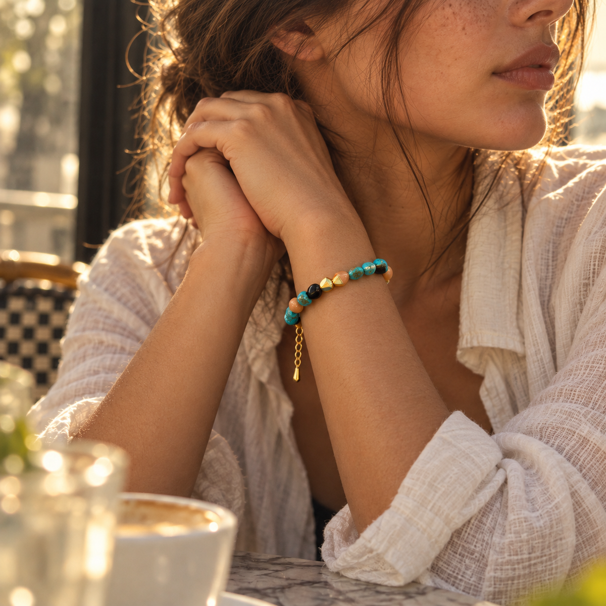 Gold-Tone Aqua and Black Natural Stone Beaded Bracelet | Pimosfer - image 3