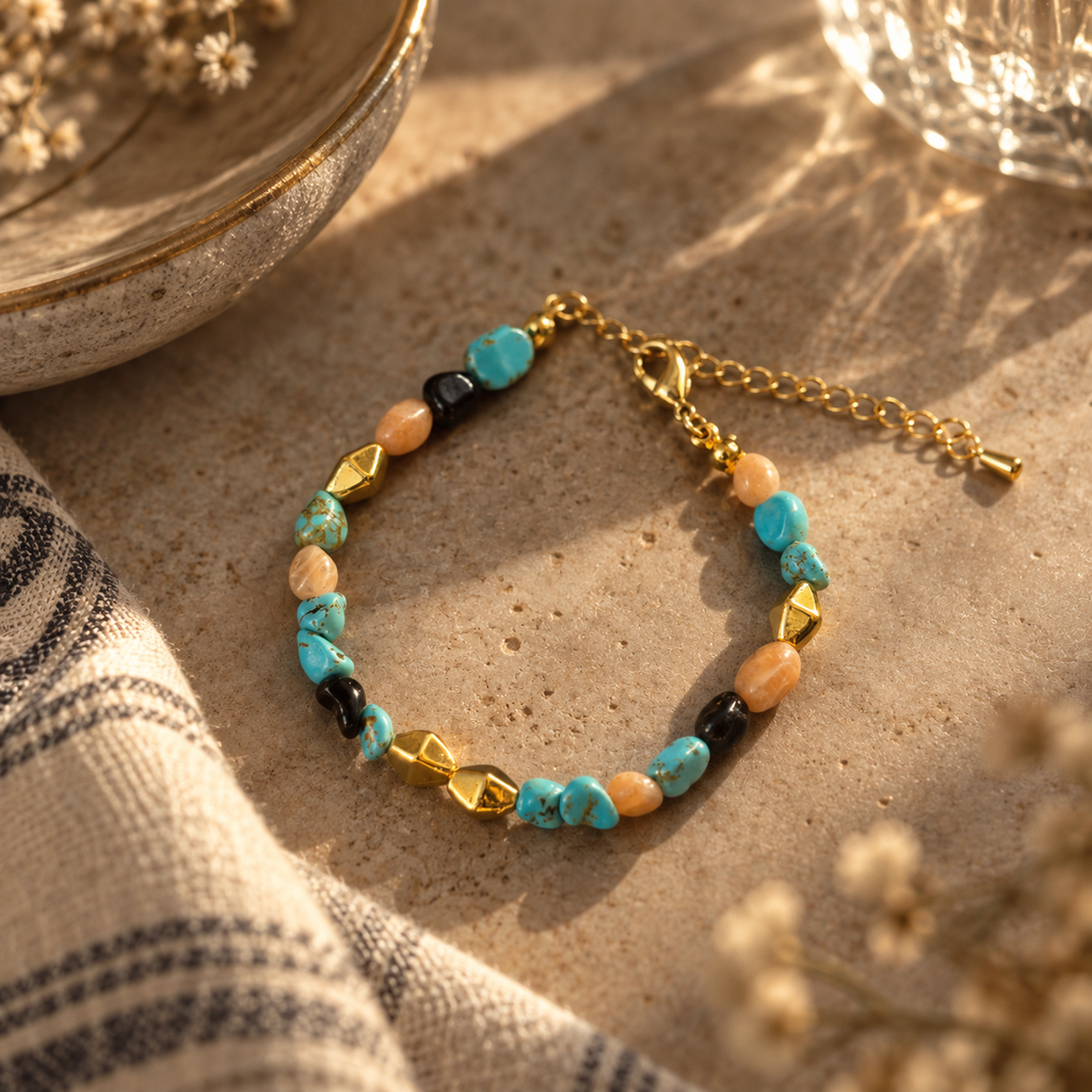 Gold-Tone Aqua and Black Natural Stone Beaded Bracelet | Pimosfer - image 4