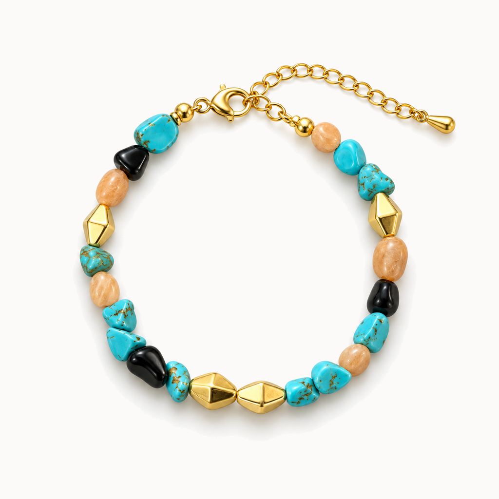 Gold-Tone Aqua and Black Natural Stone Beaded Bracelet | Pimosfer - image 1