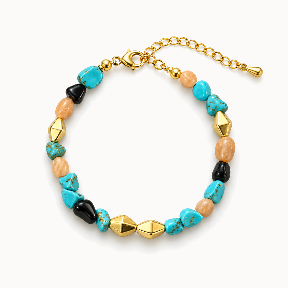 Gold-Tone Aqua and Black Natural Stone Beaded Bracelet | Pimosfer - image 1