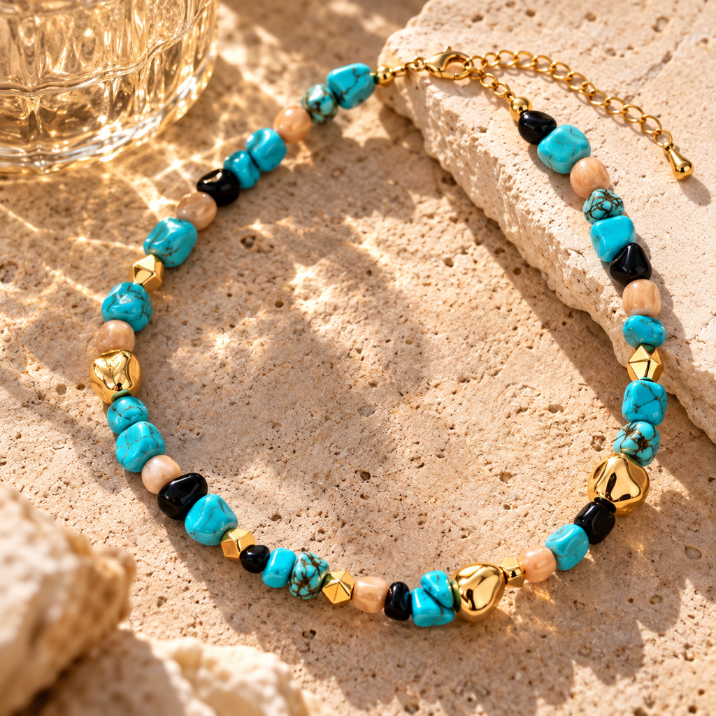 Gold-Tone Aqua and Black Natural Stone Beaded Necklace | Pimosfer - image 4