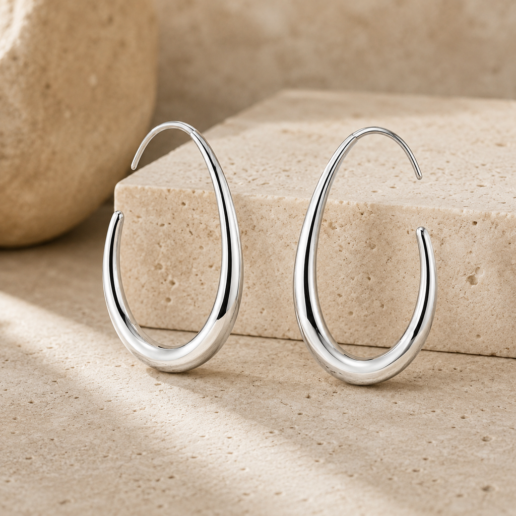 Silver-Tone Elongated Teardrop Hoop Earrings | Pimosfer - image 2