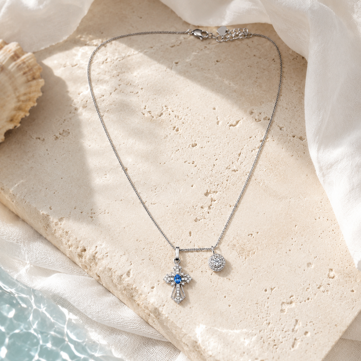 Silver-Tone Blue Cross Layered Charm Necklace | Pimosfer - image 2