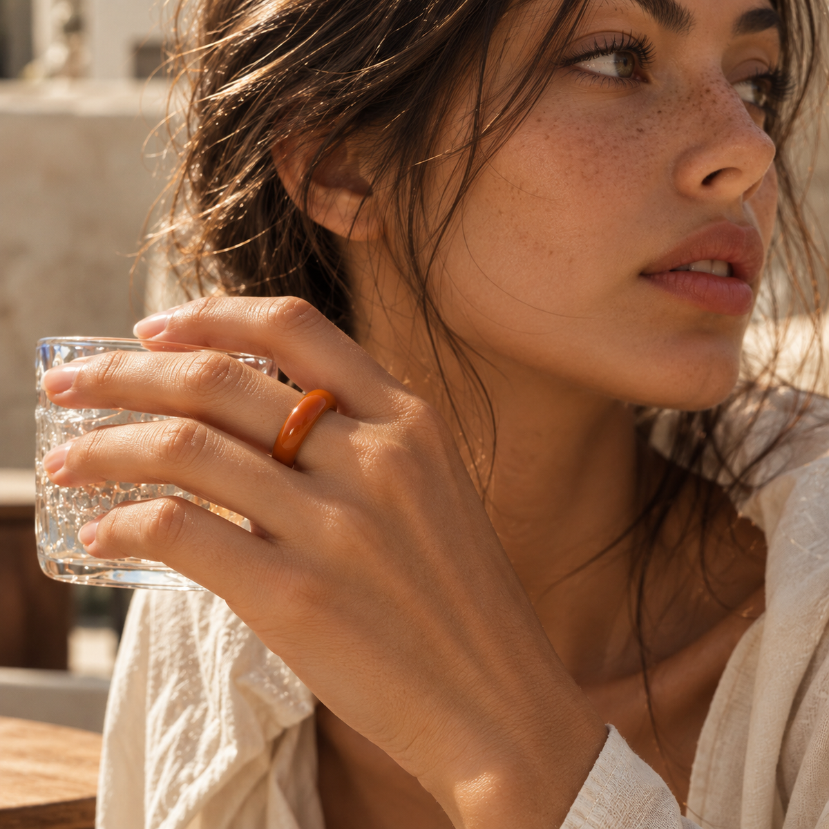 Gold-Tone Enamel Band Ring - Amber Brown - detail view