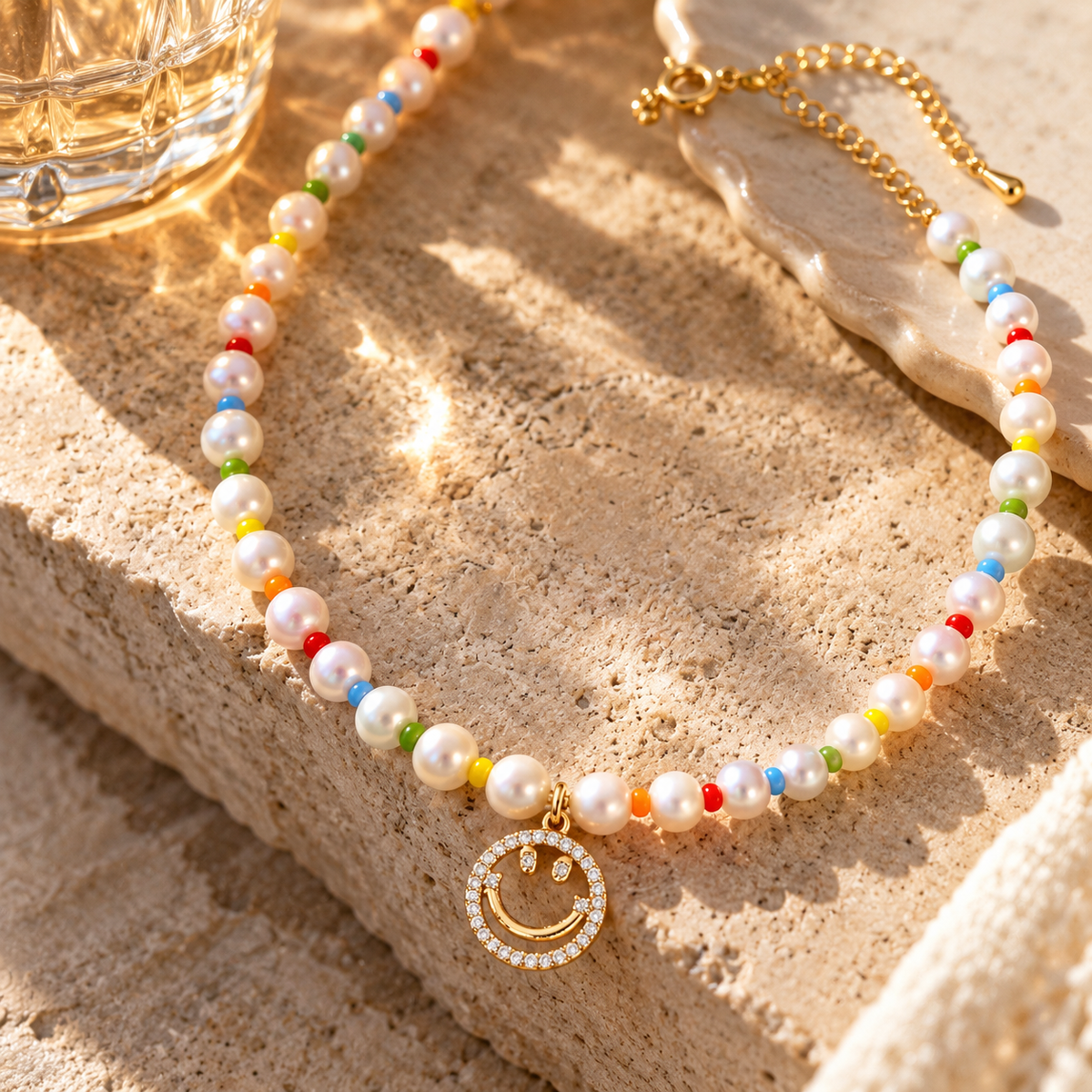 Gold-Tone Pearl Smile Pendant Beaded Necklace | Pimosfer - image 3