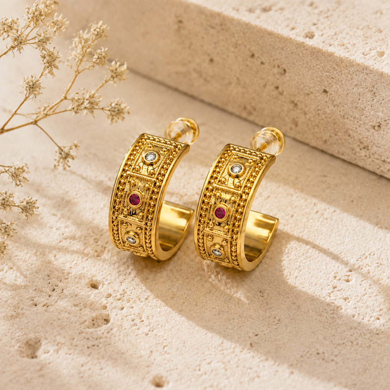 Gold-Tone Ornate Geometric Hoop Earrings | Pimosfer
