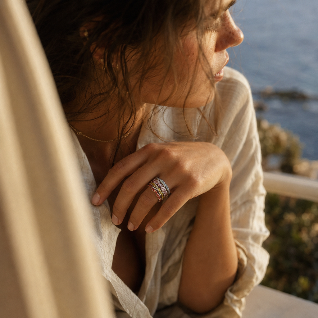 Silver-Tone Multicolor Layered Statement Ring | Pimosfer