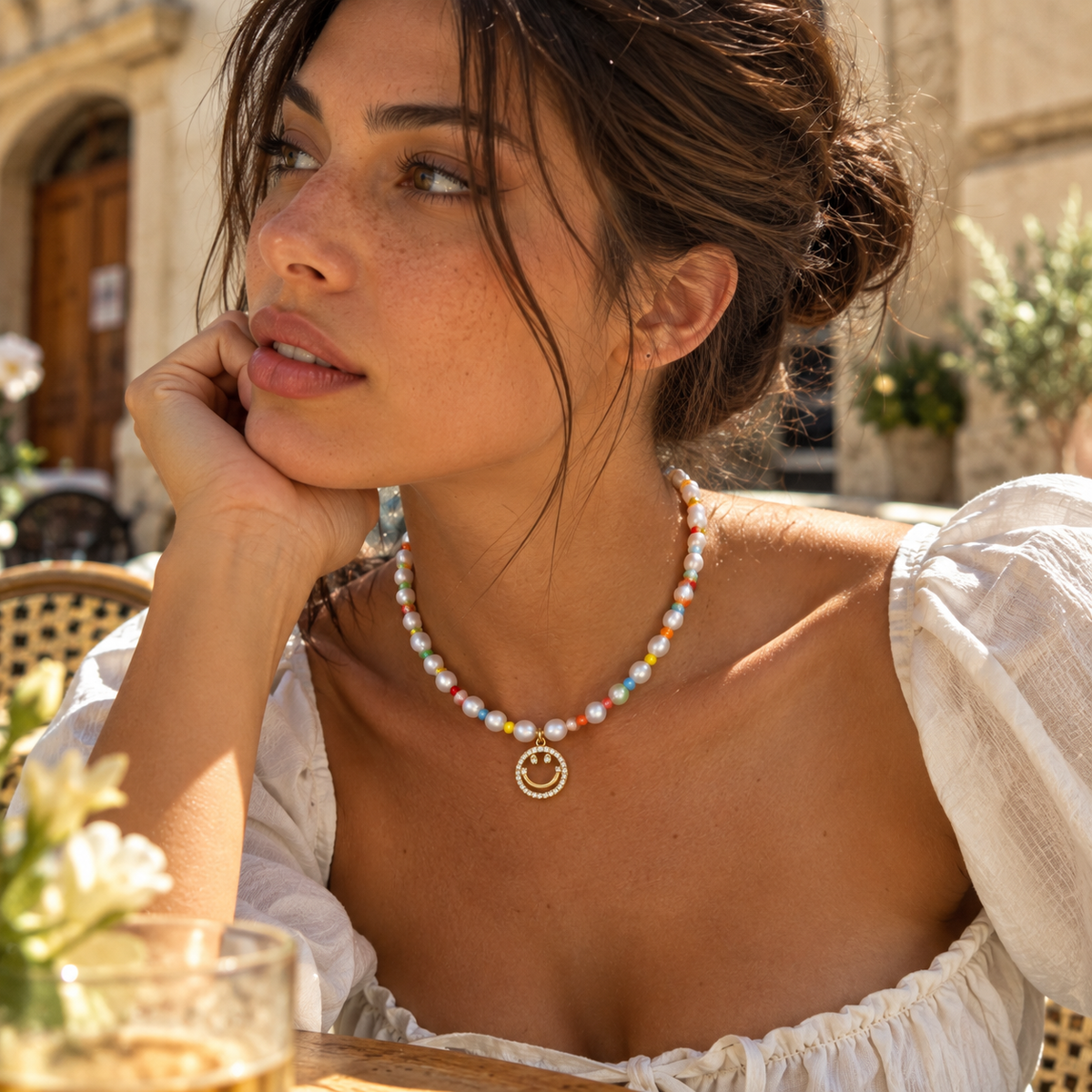 Gold-Tone Pearl Smile Pendant Beaded Necklace | Pimosfer - image 4