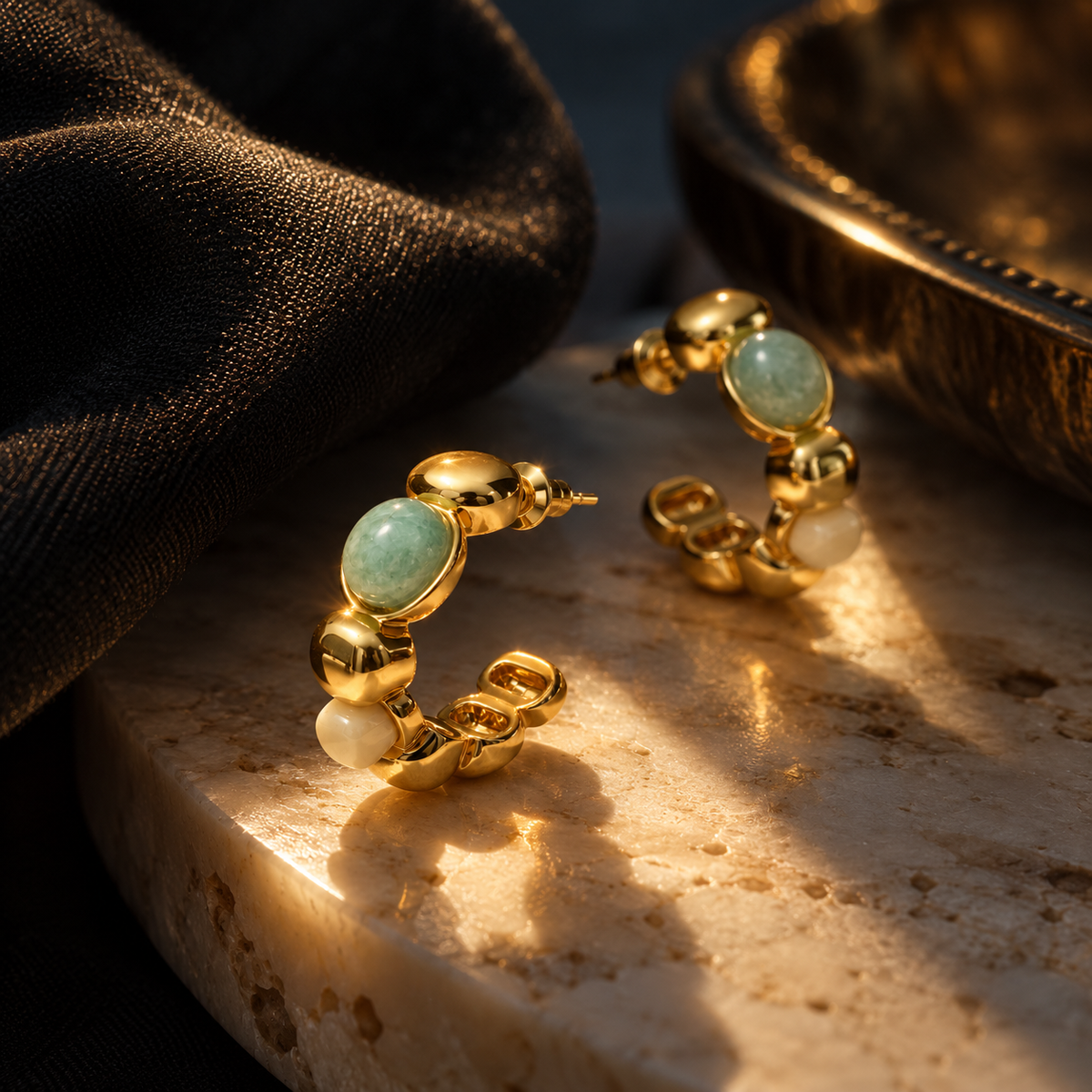 Gold-Tone Aqua Natural Stone Mini Hoop Earrings | Pimosfer - image 3