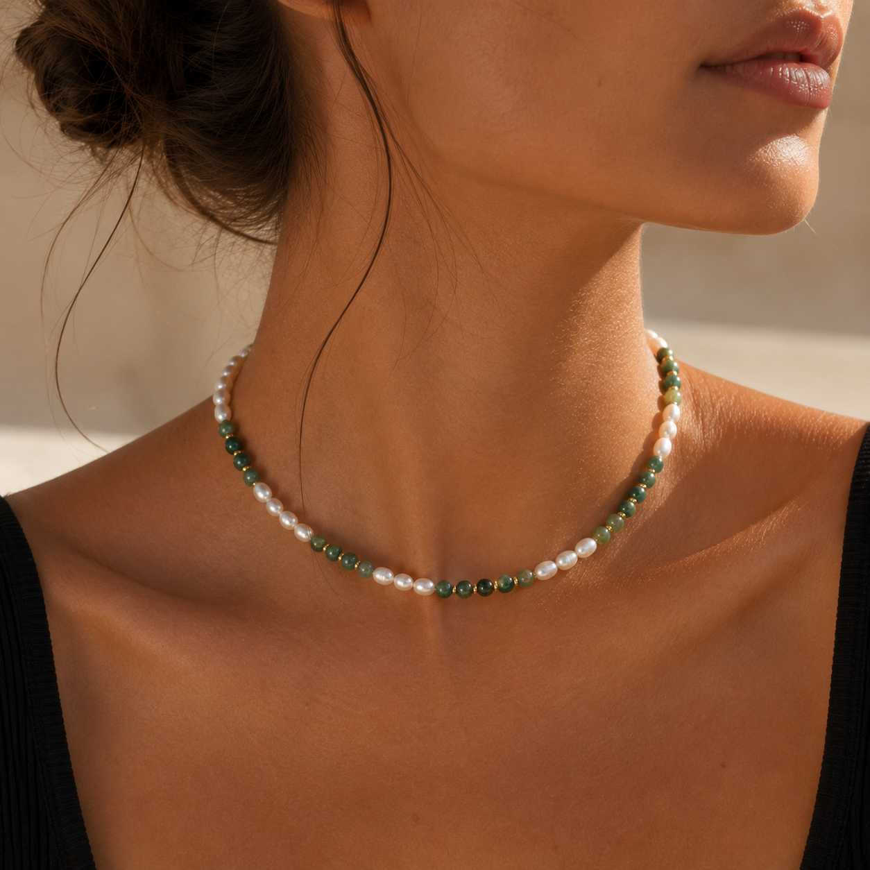 Gold-Tone Green and White Beaded Necklace | Pimosfer