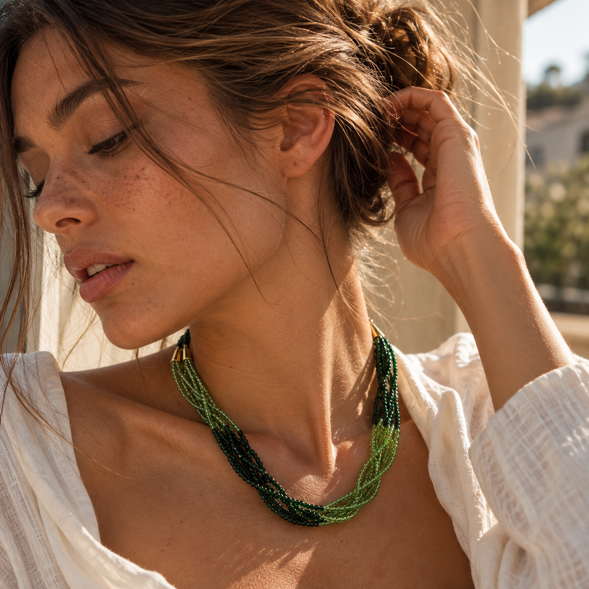 Gold-Tone Green Multi-Strand Seed Bead Necklace | Pimosfer - image 4
