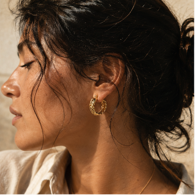 Gold-Tone Braided Leaf Hoop Earrings | Pimosfer - image 3