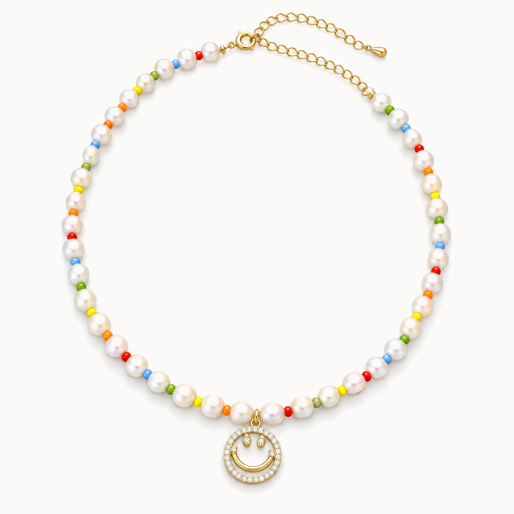 Gold-Tone Pearl Smile Pendant Beaded Necklace | Pimosfer - image 1