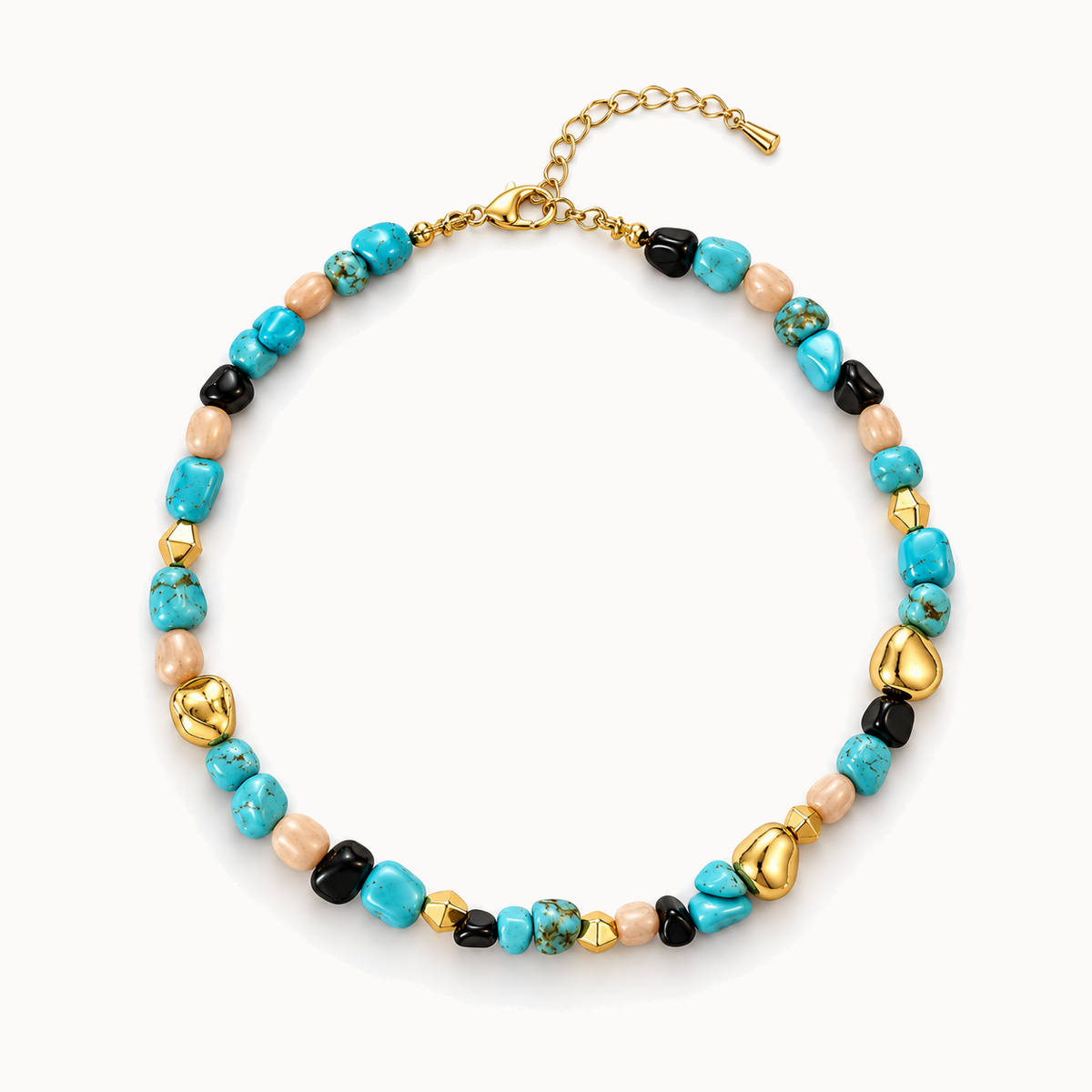 Gold-Tone Aqua and Black Natural Stone Beaded Necklace | Pimosfer - image 1