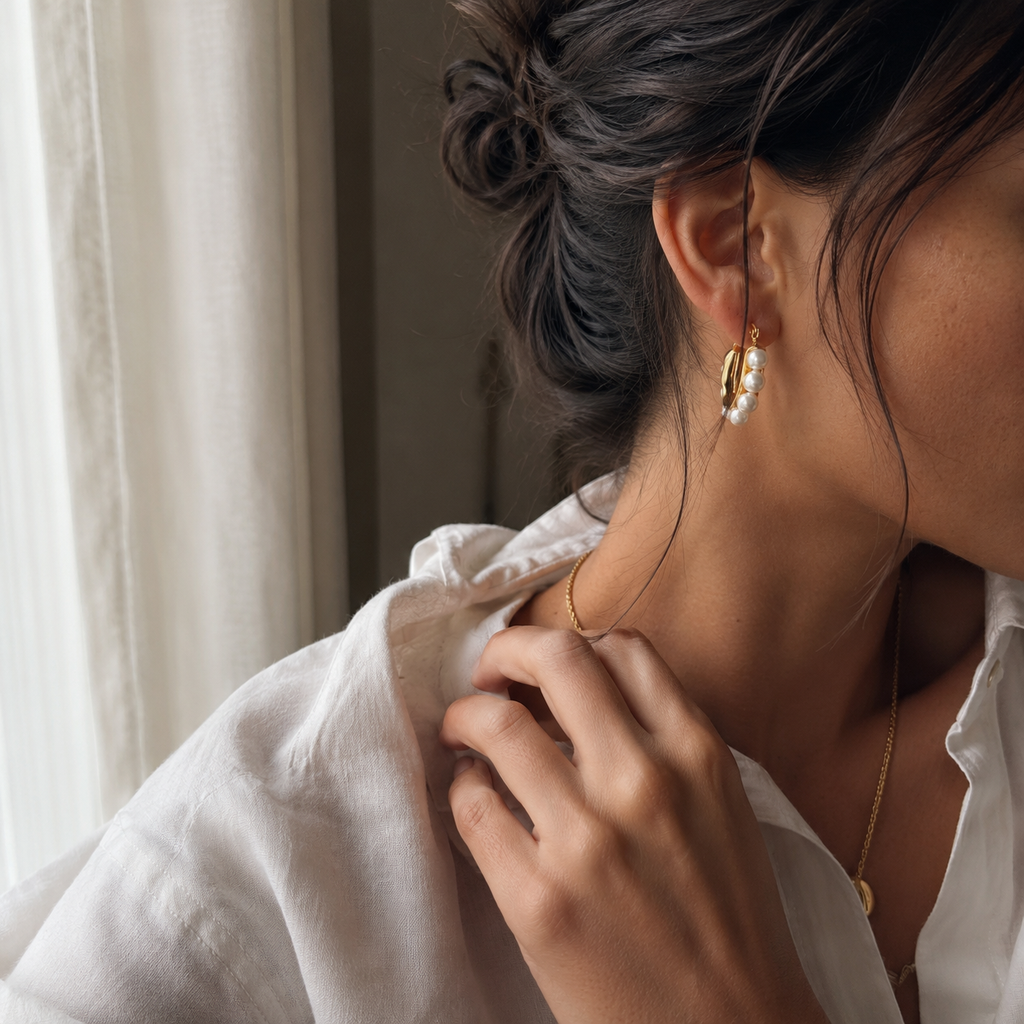 Gold-Toned Sculptural Pearl Hoop Earrings | Pimosfer